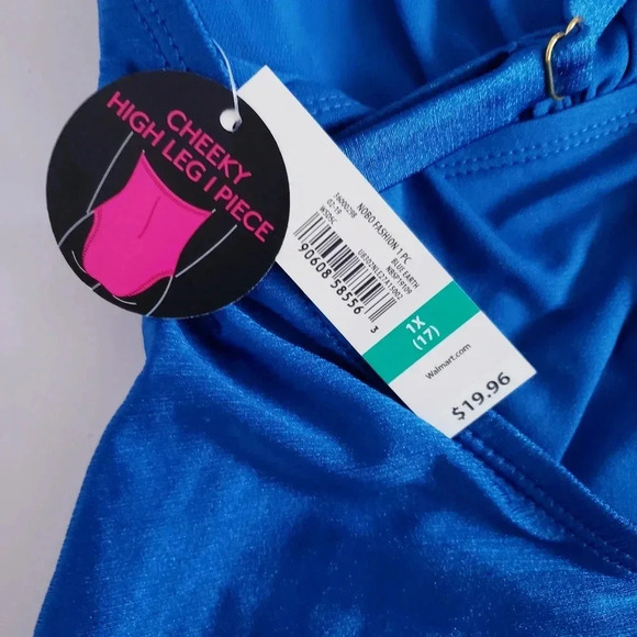 No Boundaries Juniors' Plus Size Rib Zip Front One Piece Swimsuit Royal Blue - Picture 10 of 16